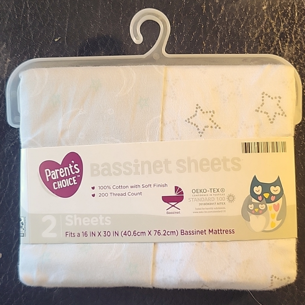 NWT Parents' Choice 2 Bassinet Sheets 100% Cotton Moon & Stars NEW